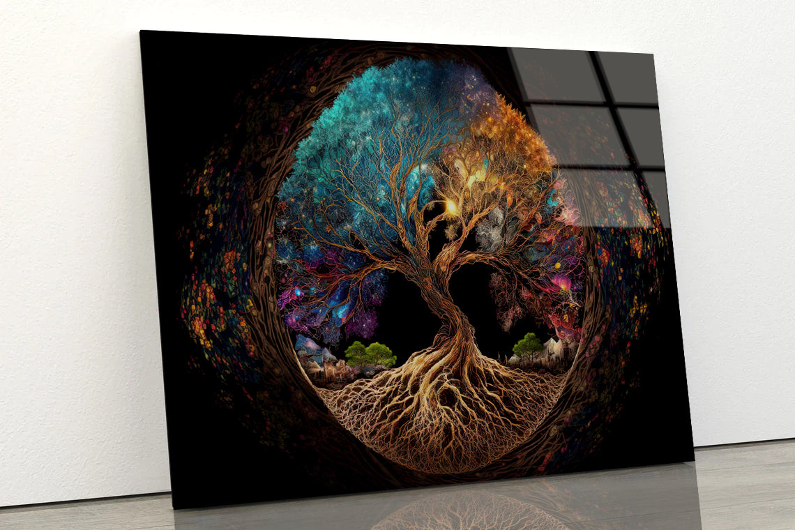 Oval Shaped Colorful Life of Tree Acrylic Glass Print Tempered Glass Wall Art 100% Made in Australia Ready to Hang - Bella Home Decor