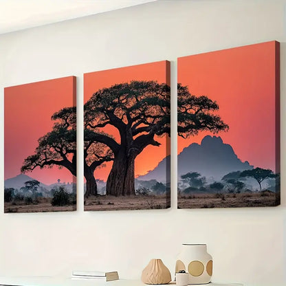 3pcs African Baobab Sunset Savannah Scene Wall Art Set Canvas Framed 40x60cm - High Quality Print 100% Australian Made Wall Canvas Ready to Hang - Bella Home Decor