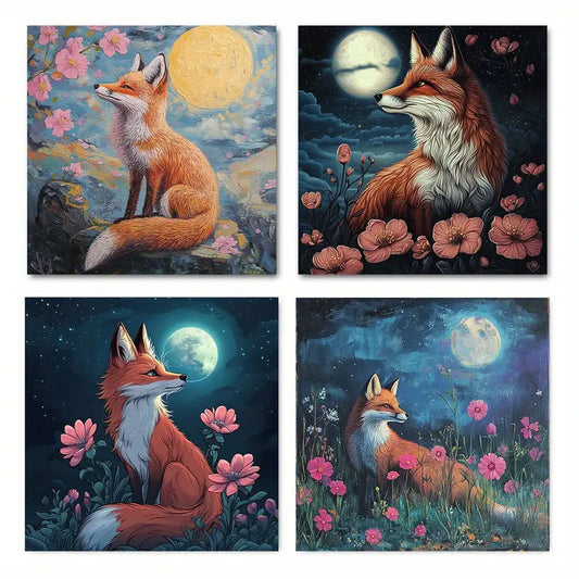 4pcs Fox & Floral Moonlit Night Sky Prints Wall Art Canvas Framed