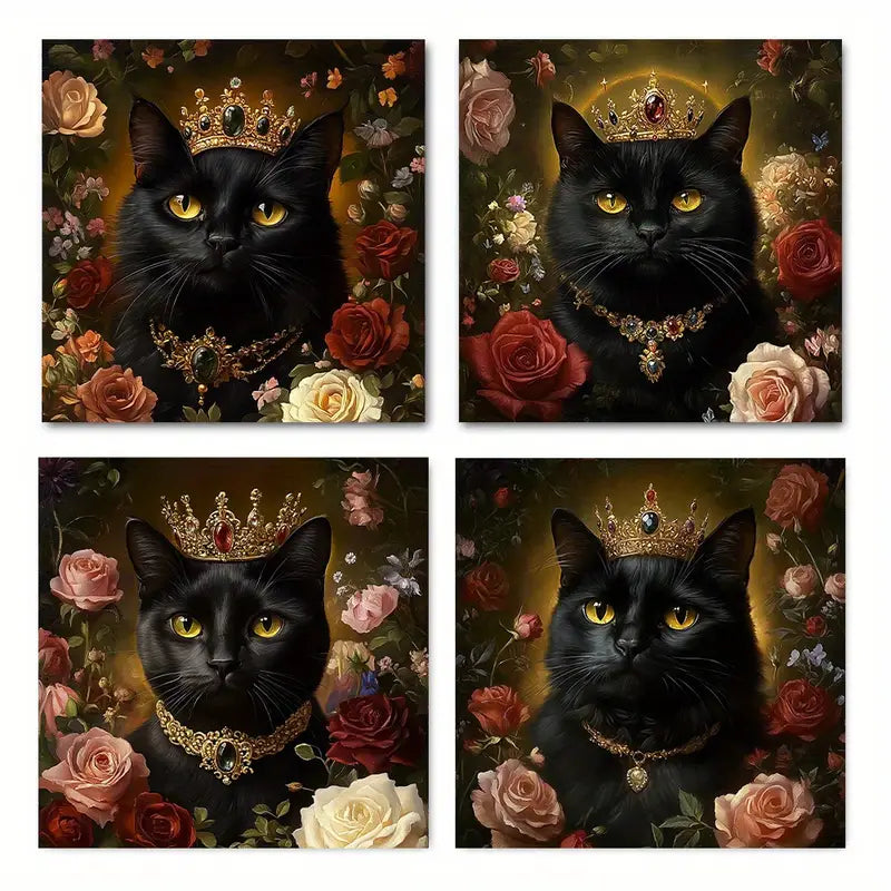4pcs Crowned Black Cats & Roses Wall Art Canvas Framed