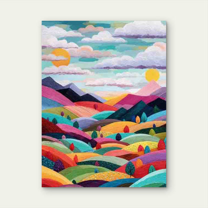 Vibrant Multicolor Rolling Hills & Pastel Sky 60x90cm Metal Print Ready to Hang