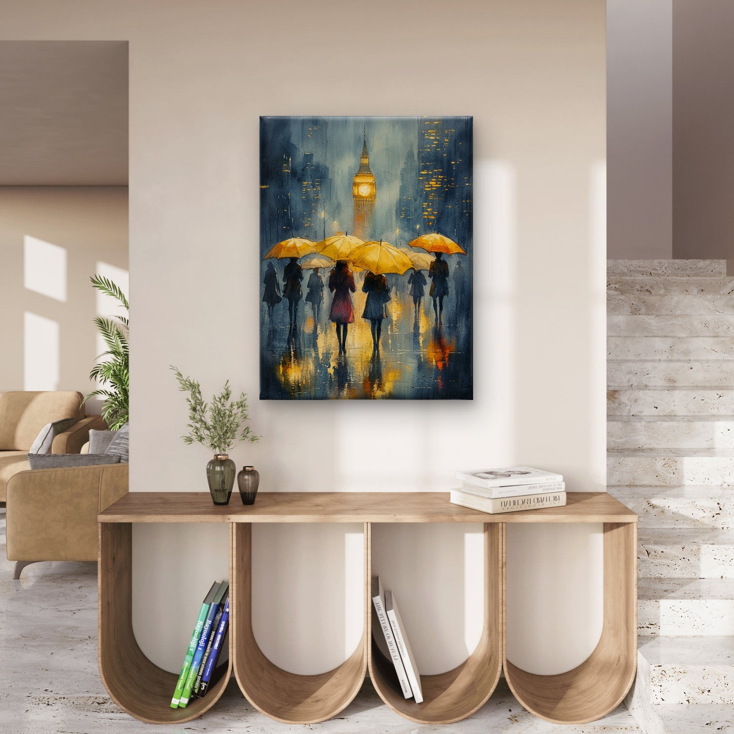 Rainy Day in London Abstract Watercolour Art with Yellow Umbrellas and Elizabeth Tower Vintage Wall Art Canvas Print 100% Australian Made - Bella Home Decor