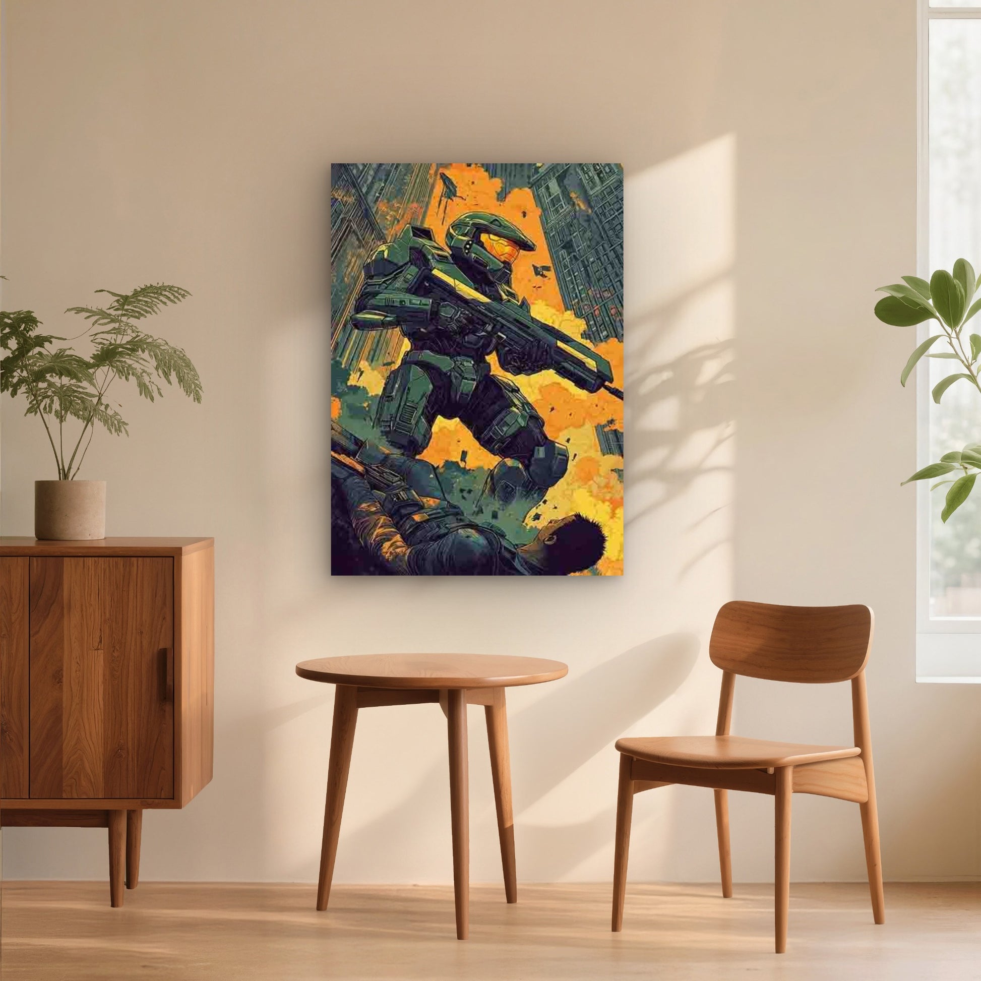 Green Armor Warrior with Gun in City Ruins 60x90cm Metal Print Ready to Hang - Bella Home Decor