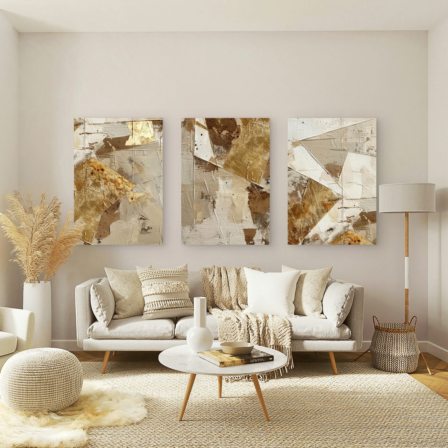 3pcs Modern Gold Foil Beige Blocks Set  Wall Art Set Canvas Framed 50x70cm - High Quality Print 100% Australian Made Wall Canvas Ready to Hang