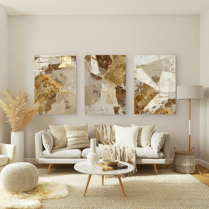 3pcs Modern Gold Foil Beige Blocks Set  Wall Art Set Canvas Framed 50x70cm - High Quality Print 100% Australian Made Wall Canvas Ready to Hang