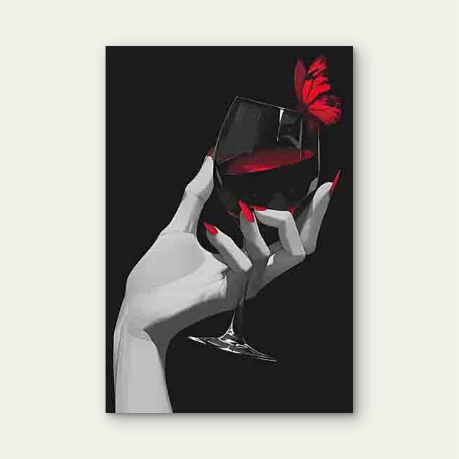Hand Holding a Wine Glass with a Red Butterfly 40x60cm Metal Print Ready to Hang - Bella Home Decor