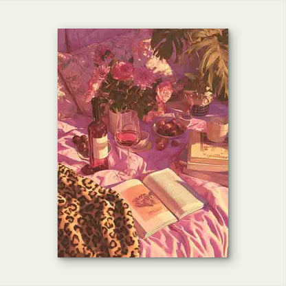 Pink Leopard Bedroom Wine in Bed 60x90cm Metal Print Ready to Hang