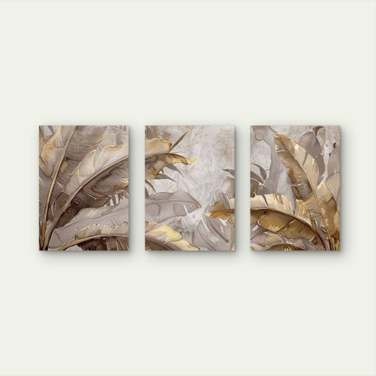 3pcs Abstract Gold Beige Banana Leaves Wall Art Set Canvas Framed 40x60cm - High Quality Print 100% Australian Made Wall Canvas Ready to Hang - Bella Home Decor