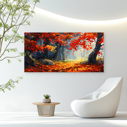Vibrant Autumn Forest Scene Wall Art Canvas Office Home Room Framed 120x60cm