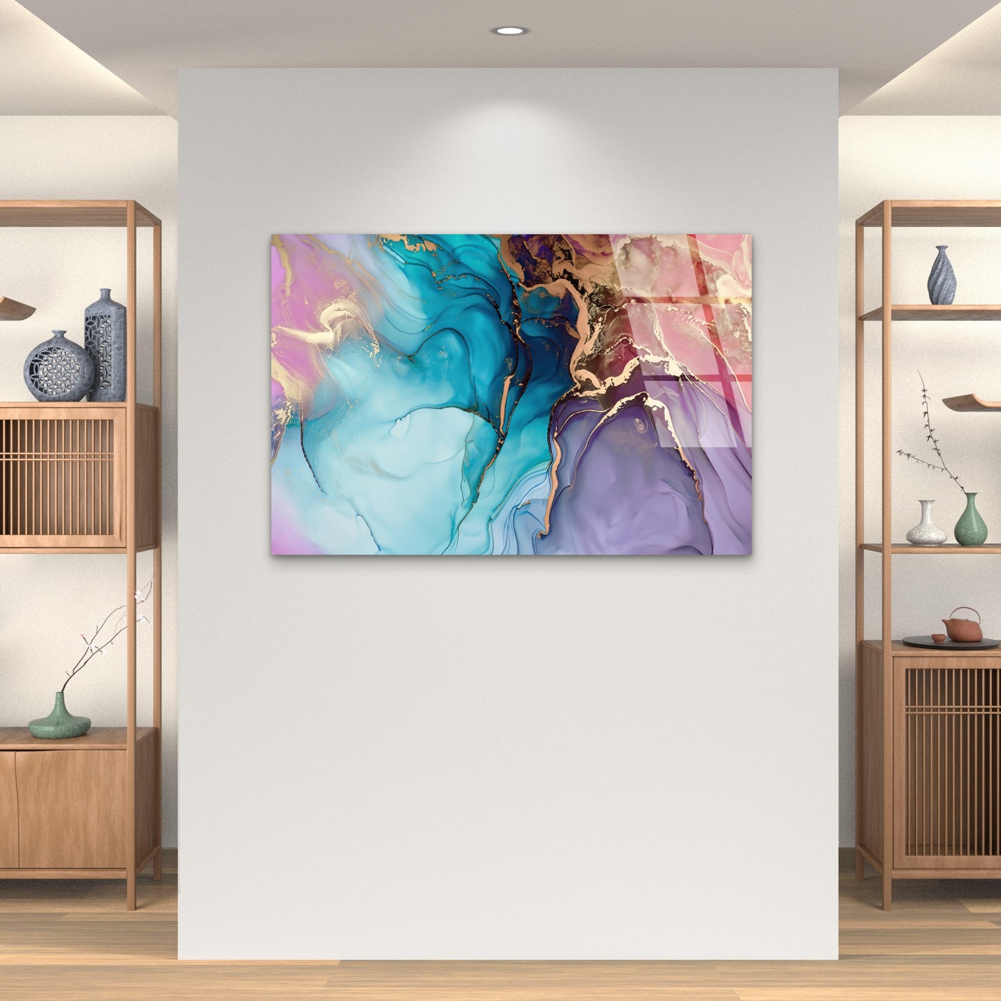 Abstract Teal Purple Fluid Ink Wave Acrylic Glass Printing Wall Art Australian Made Quality