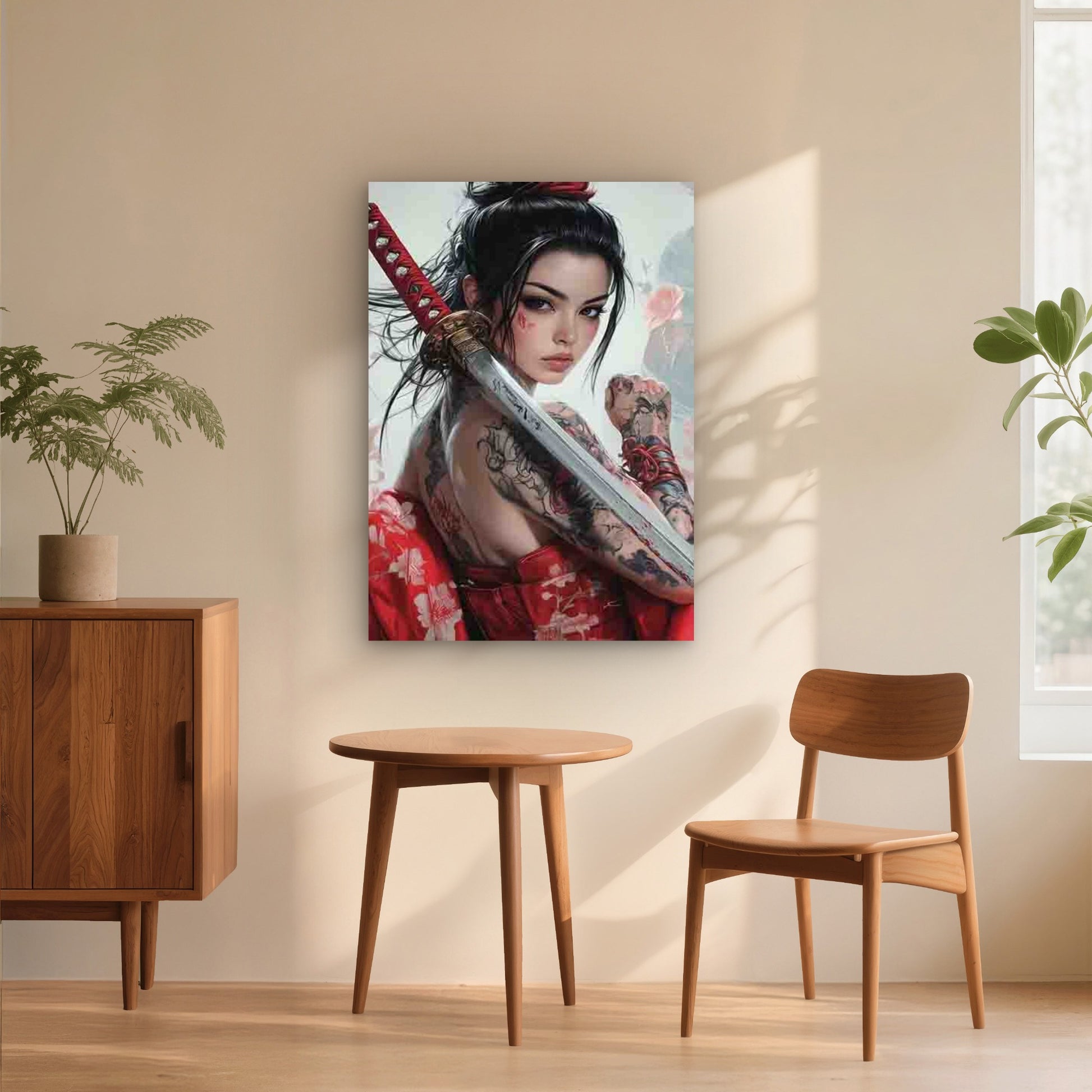 Woman in a Red Kimono, Holding a Sword 60x90cm Metal Print Ready to Hang - Bella Home Decor