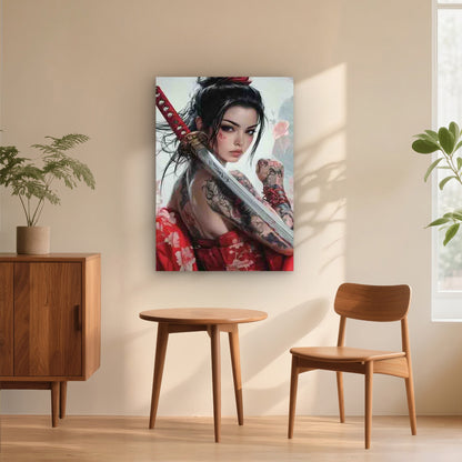 Woman in a Red Kimono, Holding a Sword 40x60cm Metal Print Ready to Hang