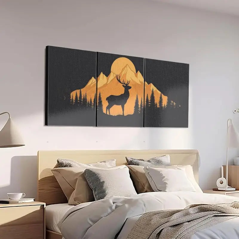 3pcs Majestic Deer Silhouette with Mountain & Forest Metal Print Ready to Hang Art