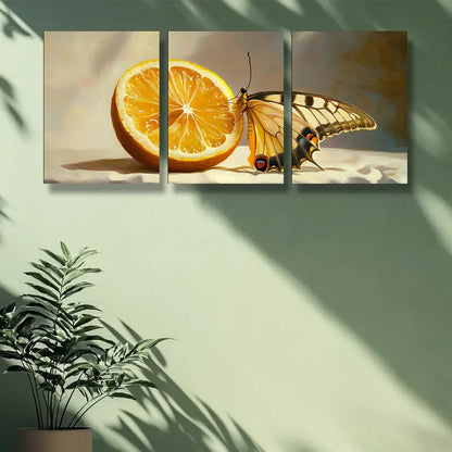 3pcs Vibrant Butterfly & Orange Slices Metal Print Ready to Hang Art