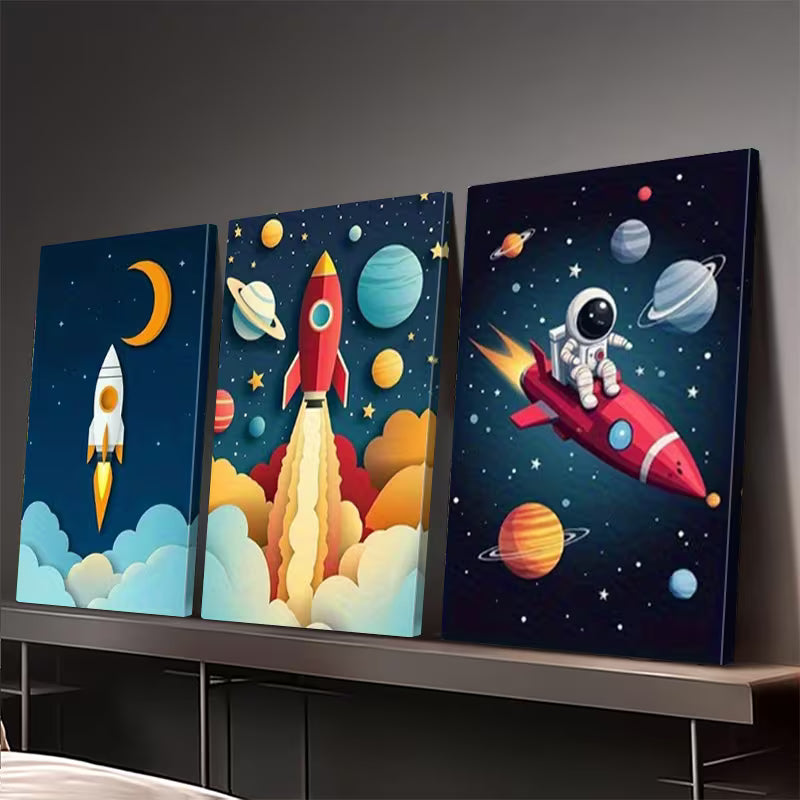 3pcs Vibrant Cartoon Rockets & Astronauts Wall Art Set Canvas Framed 40x60cm - High Quality Print 100% Australian Made Wall Canvas Ready to Hang - Bella Home Decor