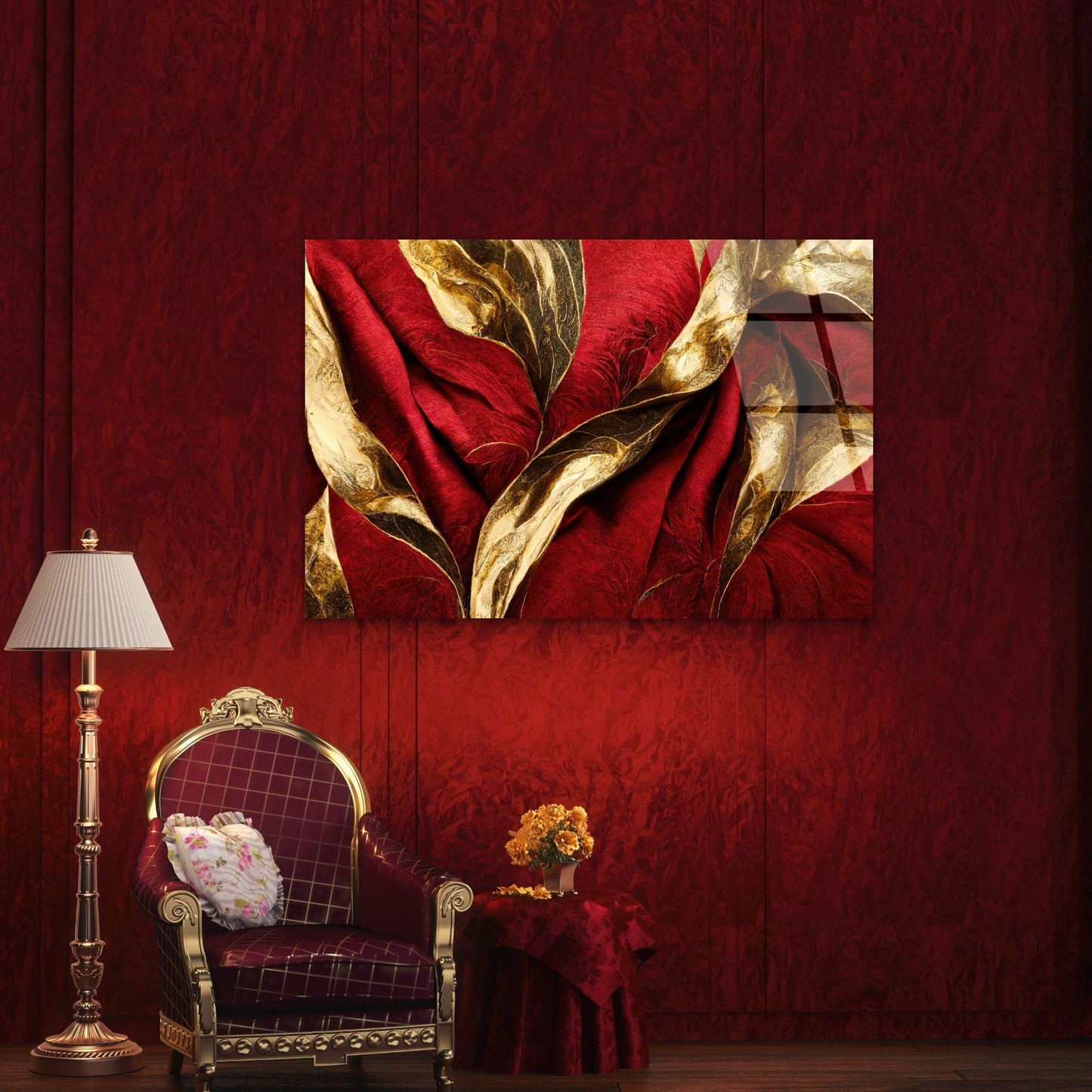Modern Velvet Red Golden Leaf Flow   Acrylic Glass Printing Wall Art Australian Made Quality