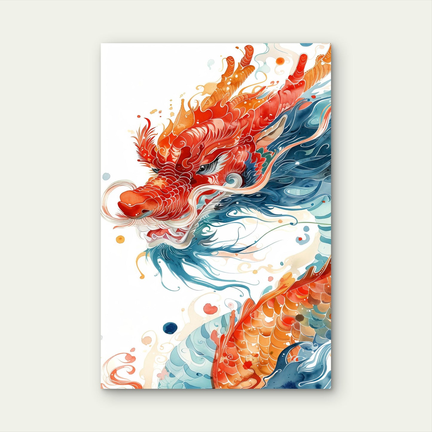 Japanese Chinese Red Dragon Watercolor Art 40x60cm Metal Print Ready to Hang