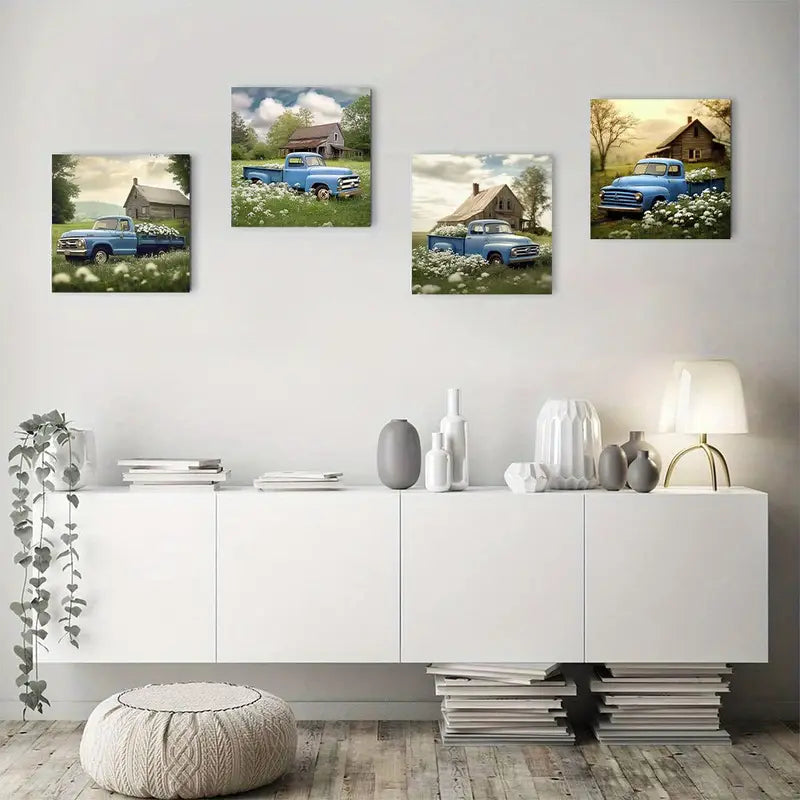 4pcs Blue Truck Themed Elegant Wall Art Canvas Framed