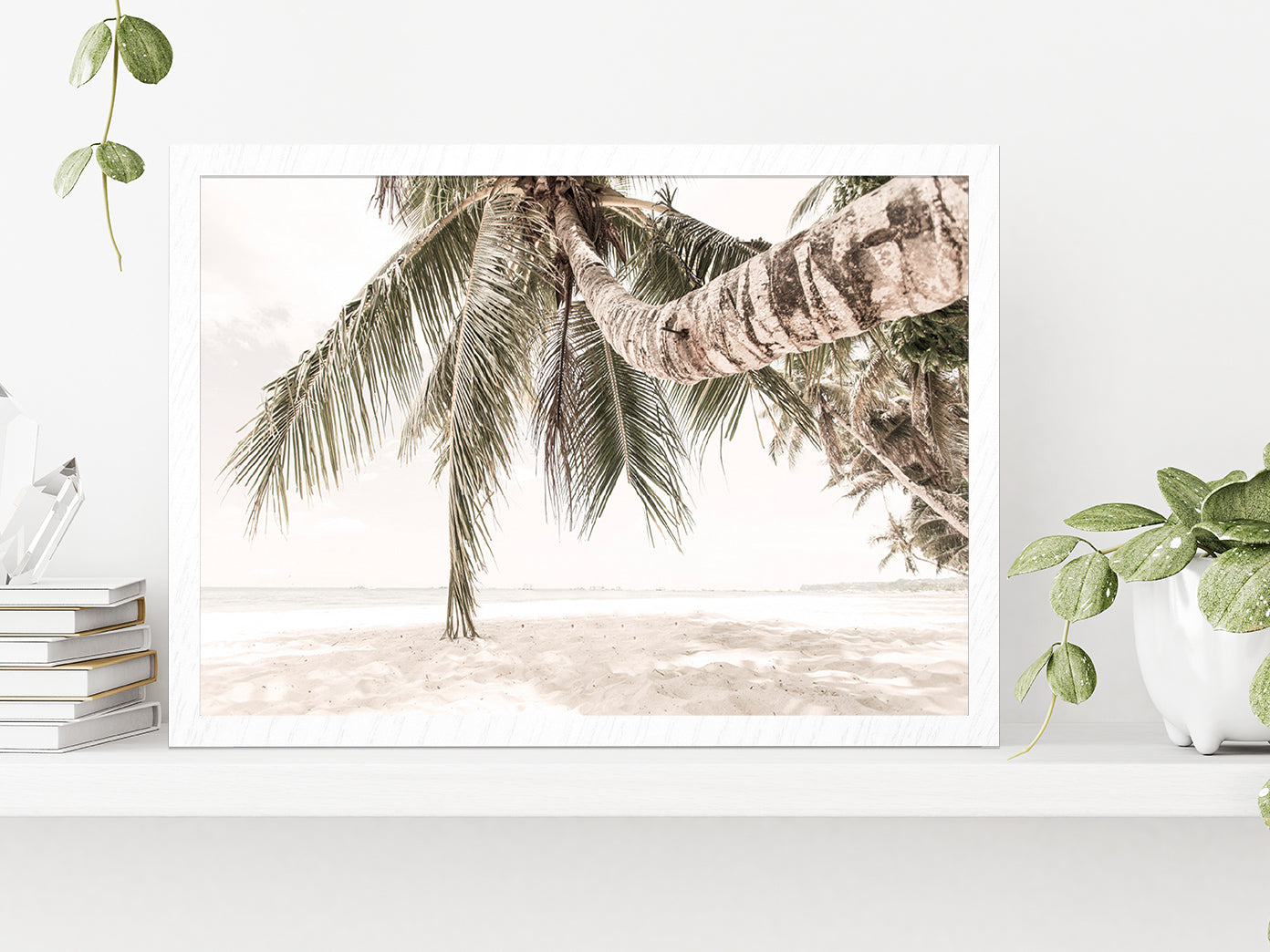 Sandy Seashore & Palm Trees Faded View Photograph Glass Framed Wall Art, Ready to Hang Quality Print Without White Border White