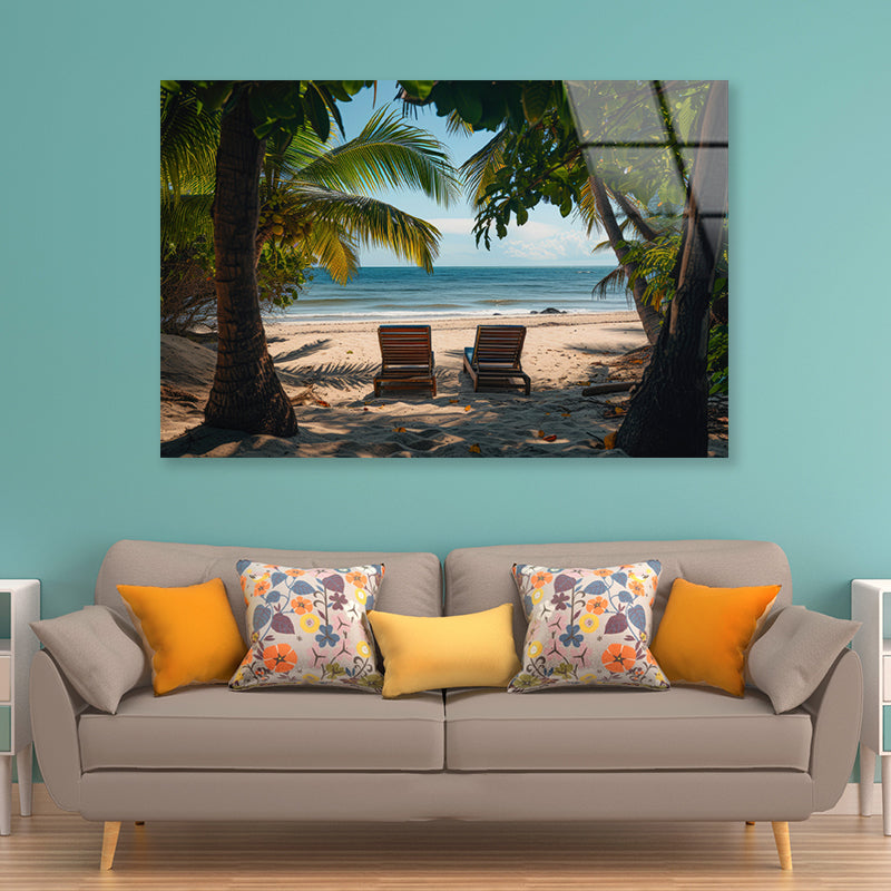 Coconut Trees and Beach Chairs Acrylic Glass Print Tempered Glass Wall Art 100% Made in Australia Ready to Hang - Bella Home Decor