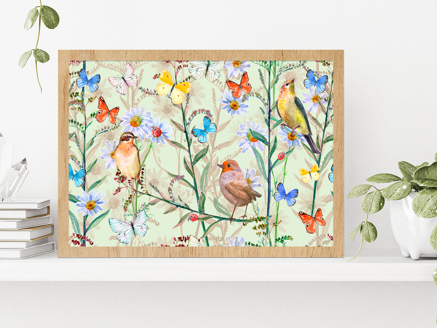 Birds & Butterflies Texture Glass Framed Wall Art, Ready to Hang Quality Print Without White Border Oak