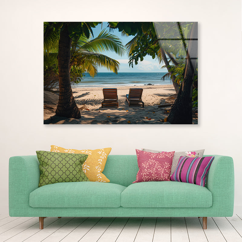 Coconut Trees and Beach Chairs Acrylic Glass Print Tempered Glass Wall Art 100% Made in Australia Ready to Hang - Bella Home Decor
