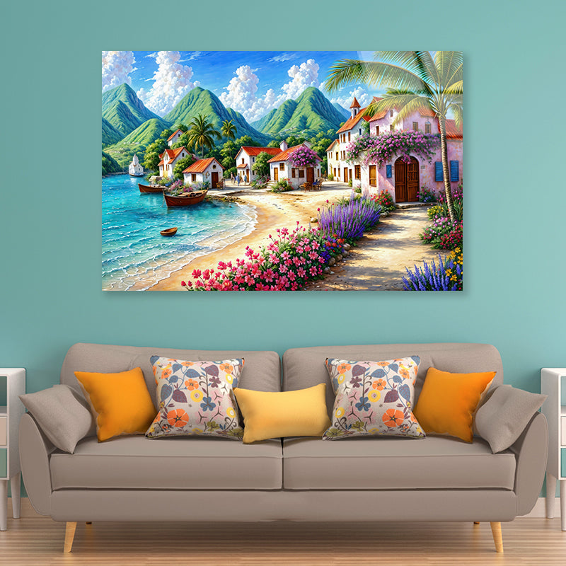 Painting Of a Village with Mountains, Houses, a Beach Acrylic Glass Print Tempered Glass Wall Art 100% Made in Australia Ready to Hang