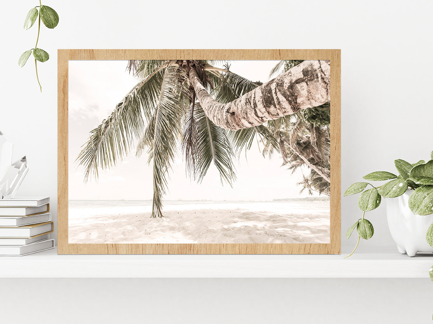 Sandy Seashore & Palm Trees Faded View Photograph Glass Framed Wall Art, Ready to Hang Quality Print Without White Border Oak