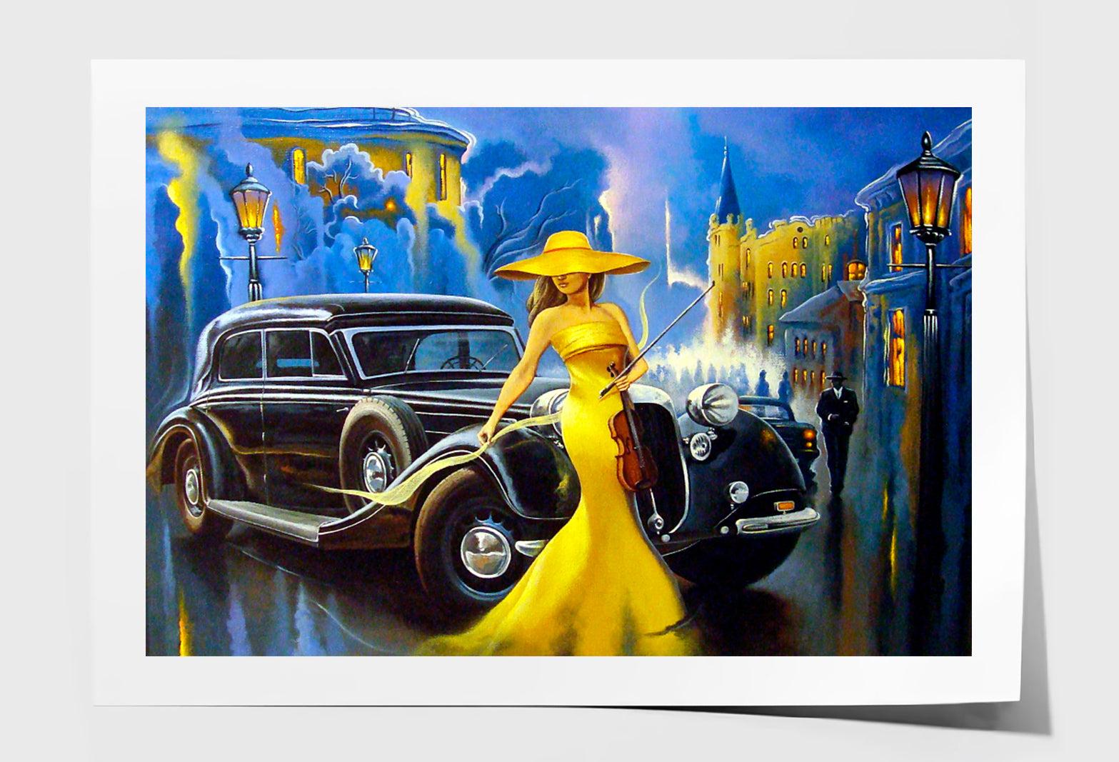 Car and Girl, Old City Oil Painting Wall Art Limited Edition High Quality Print Unframed Roll Canvas None