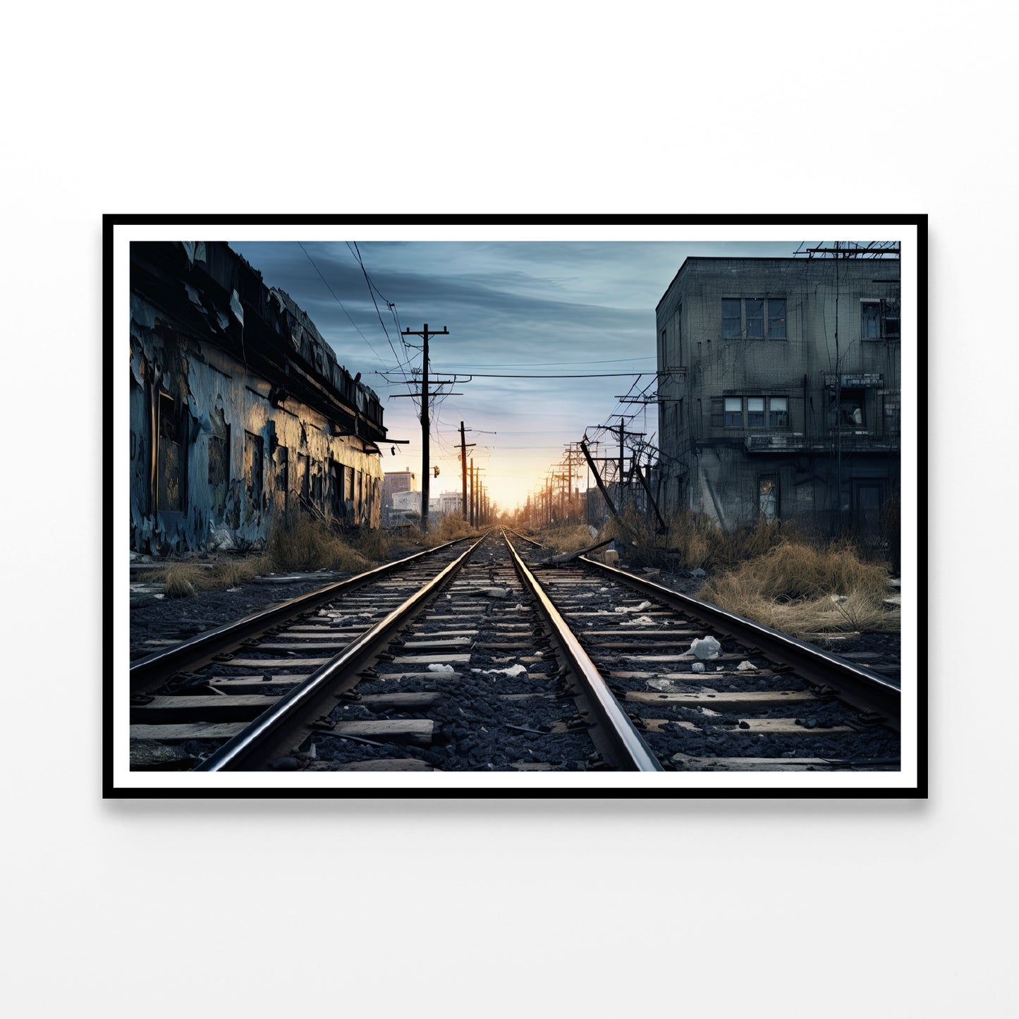 Train Tracks Running Next To a Building with Sunset Home Decor Premium Quality Poster Print Choose Your Sizes - Bella Home Decor