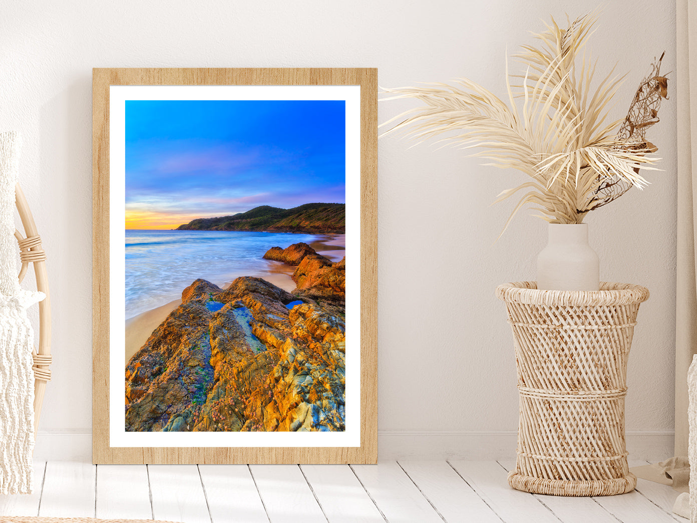 Seascape Sunrise at Burgess Beach Photograph Glass Framed Wall Art, Ready to Hang Quality Print With White Border Oak