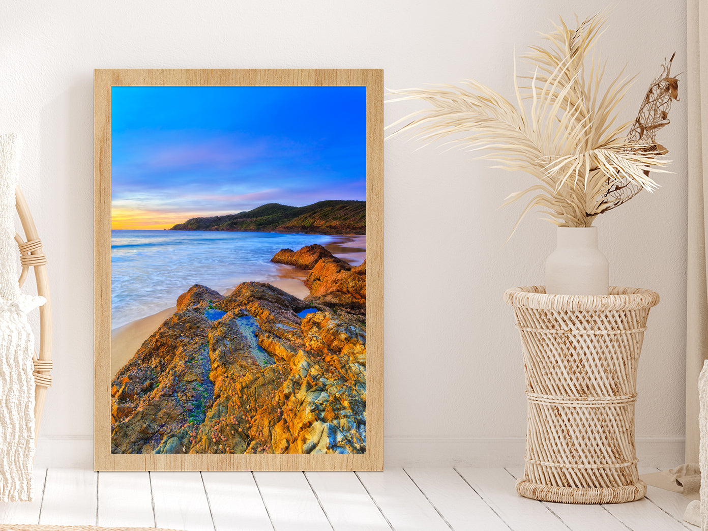 Seascape Sunrise at Burgess Beach Photograph Glass Framed Wall Art, Ready to Hang Quality Print Without White Border Oak