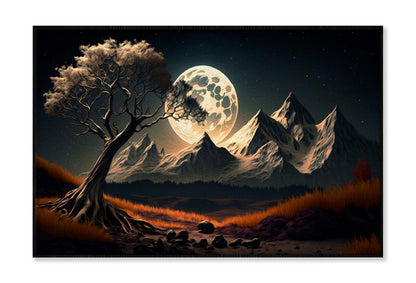 Mountains and White Moon in Dark 3d Wall Art Limited Edition High Quality Print