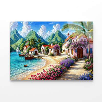 Painting Of a Village with Mountains, Houses, a Beach Acrylic Glass Print Tempered Glass Wall Art 100% Made in Australia Ready to Hang