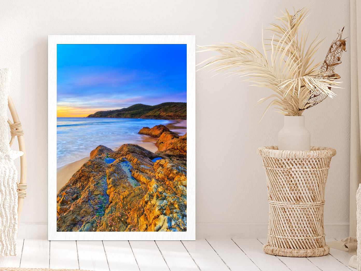 Seascape Sunrise at Burgess Beach Photograph Glass Framed Wall Art, Ready to Hang Quality Print Without White Border White