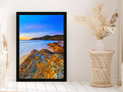 Seascape Sunrise at Burgess Beach Photograph Glass Framed Wall Art, Ready to Hang Quality Print Without White Border Black