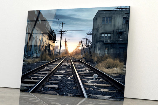 Train Tracks Running Next To a Building with Sunset Acrylic Glass Print Tempered Glass Wall Art 100% Made in Australia Ready to Hang