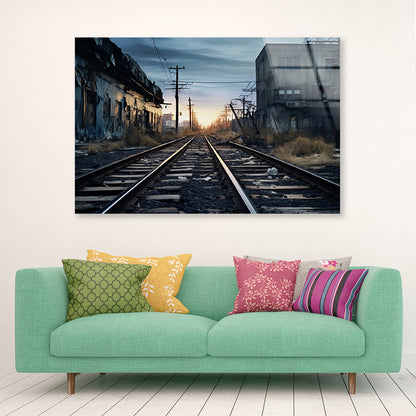 Train Tracks Running Next To a Building with Sunset Acrylic Glass Print Tempered Glass Wall Art 100% Made in Australia Ready to Hang