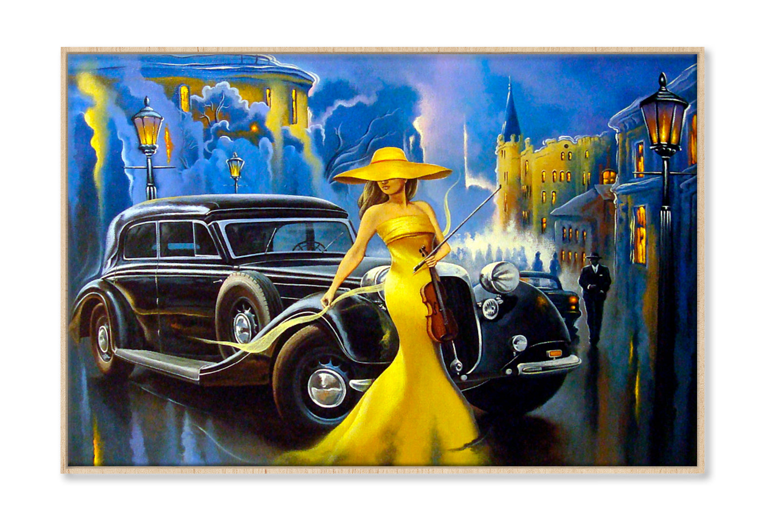 Car and Girl, Old City Oil Painting Wall Art Limited Edition High Quality Print Canvas Box Framed Natural