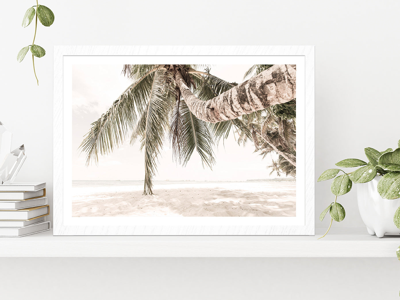 Sandy Seashore & Palm Trees Faded View Photograph Glass Framed Wall Art, Ready to Hang Quality Print With White Border White