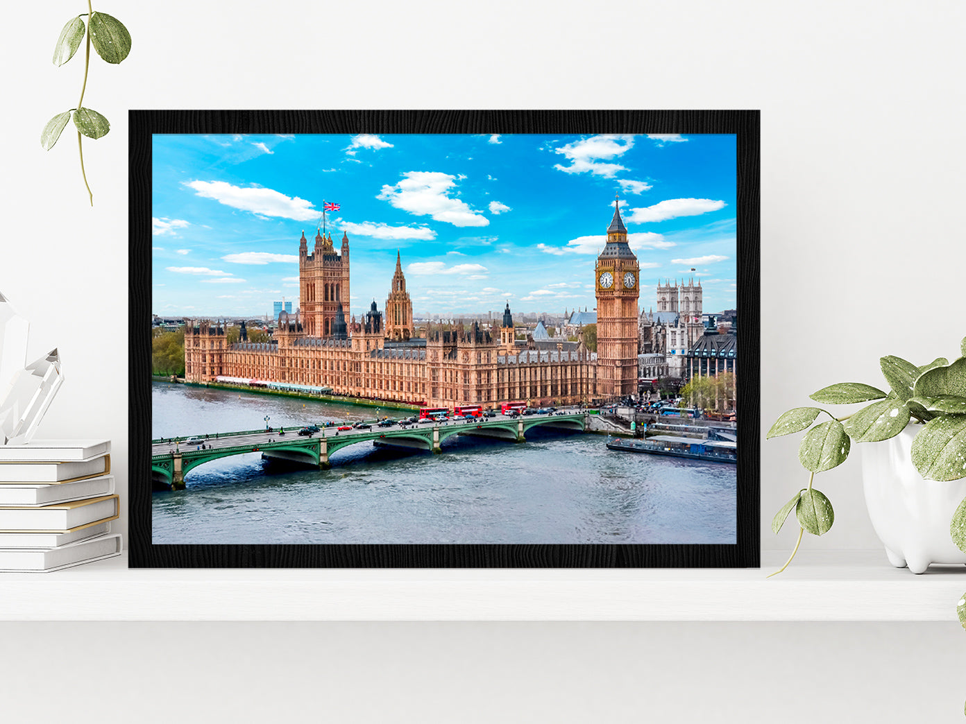 London Cityscape & Big Ben Tower Glass Framed Wall Art, Ready to Hang Quality Print Without White Border Black