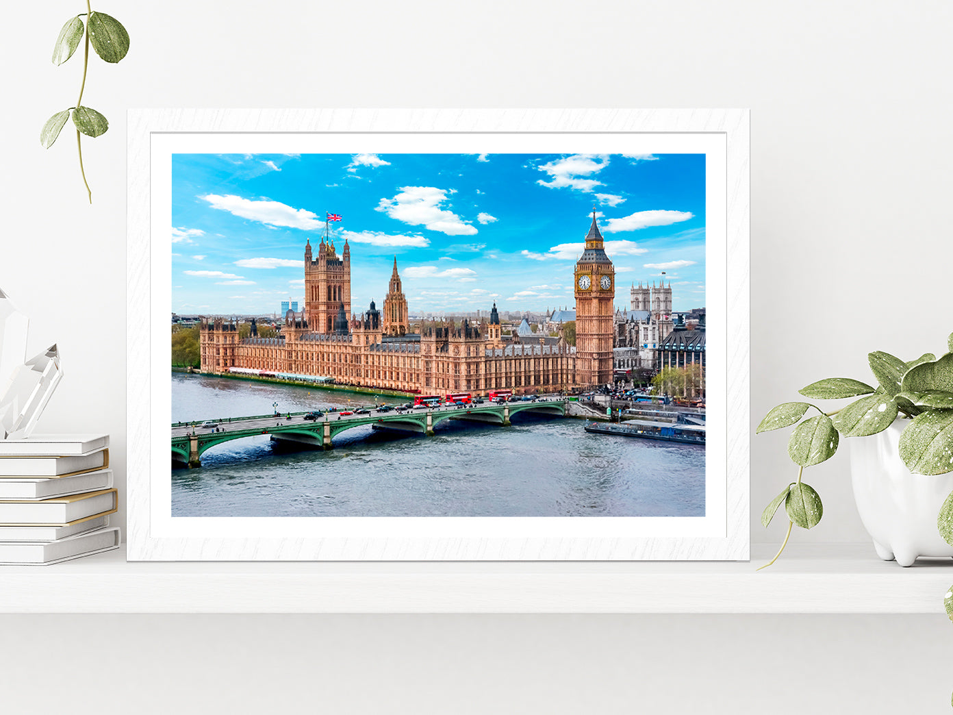 London Cityscape & Big Ben Tower Glass Framed Wall Art, Ready to Hang Quality Print With White Border White