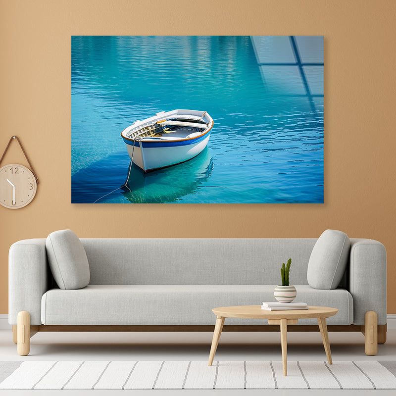 Small White Fishing Boat Floating Alone Acrylic Glass Print Tempered Glass Wall Art 100% Made in Australia Ready to Hang - Bella Home Decor