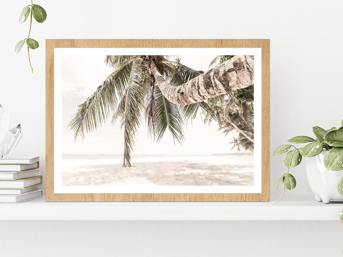 Sandy Seashore & Palm Trees Faded View Photograph Glass Framed Wall Art, Ready to Hang Quality Print With White Border Oak