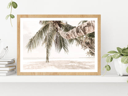 Sandy Seashore & Palm Trees Faded View Photograph Glass Framed Wall Art, Ready to Hang Quality Print With White Border Oak