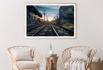 Train Tracks Running Next To a Building with Sunset Home Decor Premium Quality Poster Print Choose Your Sizes - Bella Home Decor