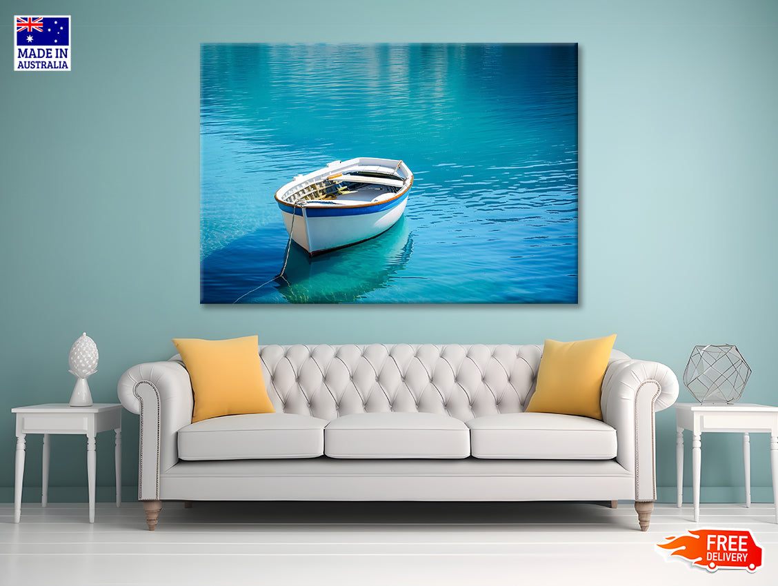Small White Fishing Boat Floating Alone Print 100% Australian Made - Bella Home Decor