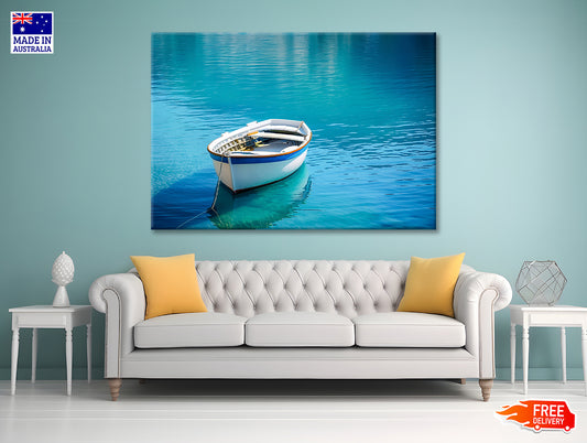Small White Fishing Boat Floating Alone Print 100% Australian Made - Bella Home Decor