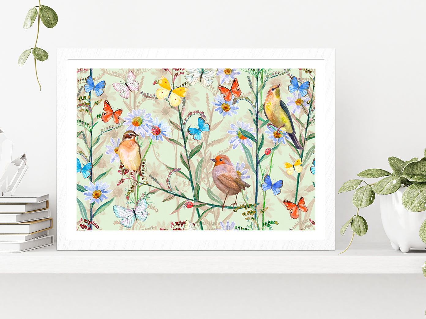 Birds & Butterflies Texture Glass Framed Wall Art, Ready to Hang Quality Print With White Border White