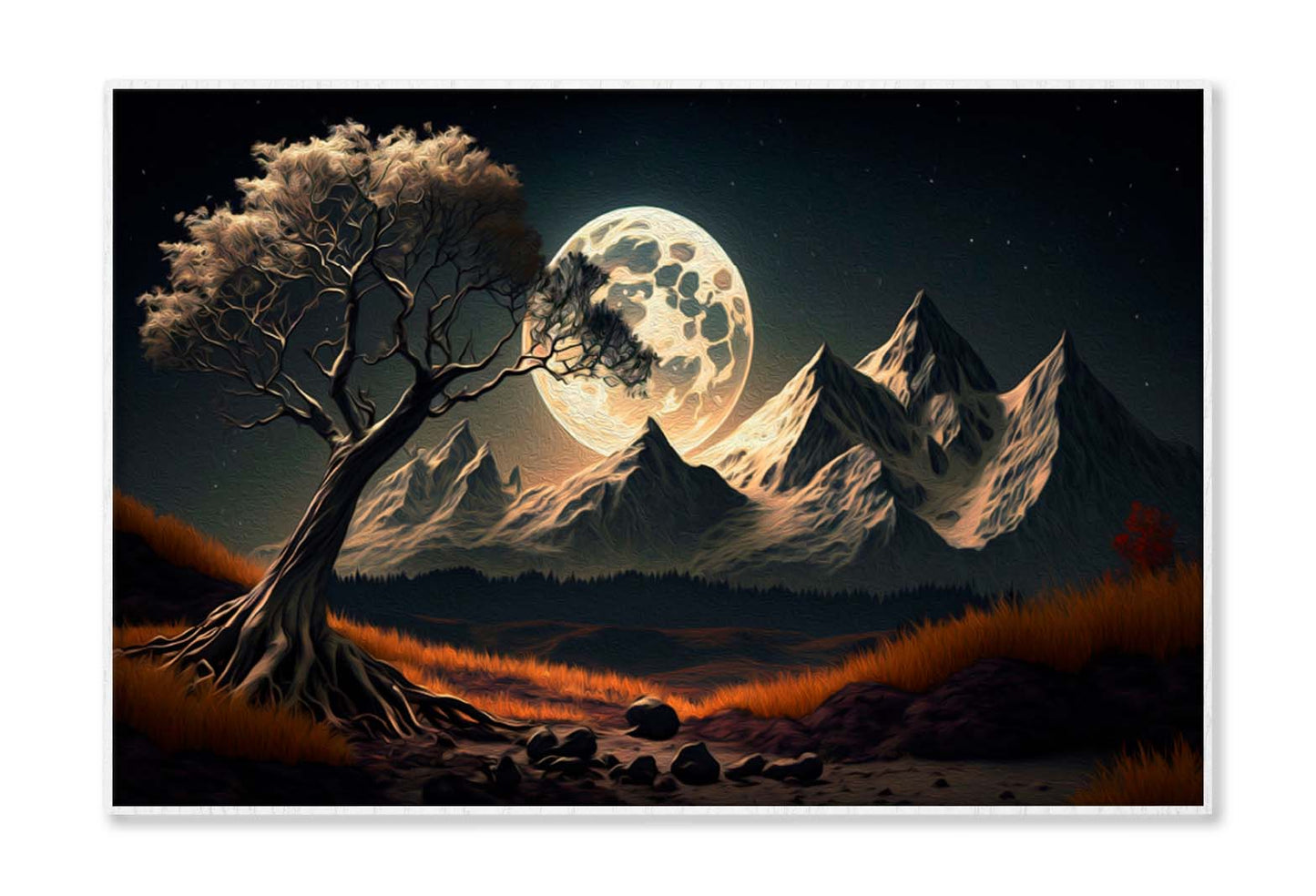 Mountains and White Moon in Dark 3d Wall Art Limited Edition High Quality Print